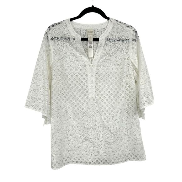 Chico's Tops - Chico's White Lace Caftan Neckline 3/4 Flyaway Sleeve Tunic Top Womens 8